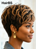 Glueless Wig Mixed Color Highlights Machine Made pixie cut 100% Human Hair