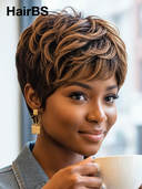 Glueless Wig Mixed Color Highlights Machine Made pixie cut 100% Human Hair