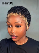 Glueless Wig Natural black mixed with blonde Machine Made pixie Weave Short cut Ready to Wear 100% Human Hair