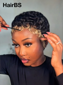 Glueless Wig Natural black mixed with blonde Machine Made pixie Weave Short cut Ready to Wear 100% Human Hair