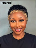 Glueless Wig Natural black mixed with blonde Machine Made pixie Weave Short cut Ready to Wear 100% Human Hair