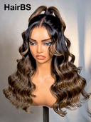 13x4 Lace Front Wig Natural Black mixed brown Pre-styled Updo Body wavy 100% Human Hair