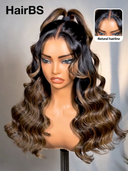 13x4 Lace Front Wig Natural Black mixed brown Pre-styled Updo Body wavy 100% Human Hair