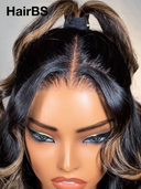 13x4 Lace Front Wig Natural Black mixed brown Pre-styled Updo Body wavy 100% Human Hair