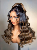 13x4 Lace Front Wig Natural Black mixed brown Pre-styled Updo Body wavy 100% Human Hair