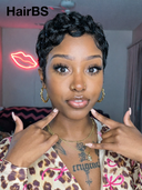 Special Offer Glueless Wig Machine Made pixie cut finger wave Natural Black 100% Human Hair