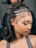 13x4 Lace front Natural Black bob Pre-styled Updo With Braided Wig 100% Human Hair