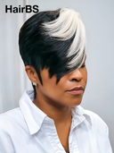 Glueless Wig Machine Made pixie straigh short white highlight with bangs 100% Human Hair