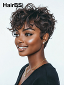 Glueless Wig curly wave pixie black Machine Made 100% Human Hair