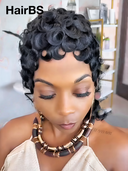 Easy to wear pixie Wig black finger wave mullet 100% Human Hair
