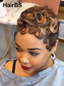 Special Offer Machine Made brown highlight finger wave Pixie Short Cut Wig 100% Human Hair