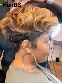13x4 lace front Wig pixie honey highlight wavy Side Part 100% Human Hair