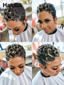Machine Made blonde highlight finger wave Glueless Wig pixie 100% Human Hair