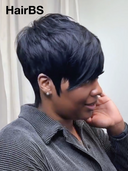 Special Offer Machine Made black Straight Pixie with bangs 100% Human Hair