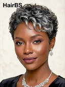 Machine Made Silver Salt And Pepper Grey curly wave pixie 100% Human Hair