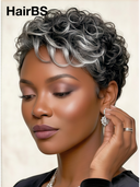 Machine Made Silver Salt And Pepper Grey curly wave pixie 100% Human Hair