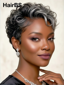 Machine Made Silver Salt And Pepper Grey curly wave pixie 100% Human Hair
