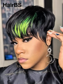 Glueless wig pixie straight green highlight Machine Made 100% Human Hair