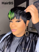Glueless wig pixie straight green highlight Machine Made 100% Human Hair