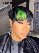 Glueless wig pixie straight green highlight Machine Made 100% Human Hair