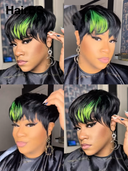 Glueless wig pixie straight green highlight Machine Made 100% Human Hair