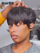 Glueless wig pixie black Machine Made straight 100% Human Hair