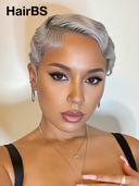 Machine Made Silver Salt And Pepper Grey pixie cut wig cute 100% Human Hair