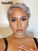 Machine Made Silver Salt And Pepper Grey pixie cut wig cute 100% Human Hair