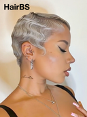 Machine Made Silver Salt And Pepper Grey pixie cut wig cute 100% Human Hair