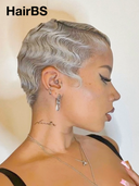 Machine Made Silver Salt And Pepper Grey pixie cut wig cute 100% Human Hair