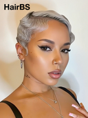 Machine Made Silver Salt And Pepper Grey pixie cut wig cute 100% Human Hair