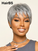 Machine Made straight Silver Salt And Pepper Grey pixie cut wig cute 100% Human Hair