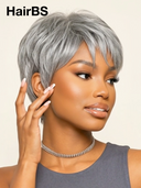 Machine Made straight Silver Salt And Pepper Grey pixie cut wig cute 100% Human Hair