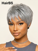 Machine Made straight Silver Salt And Pepper Grey pixie cut wig cute 100% Human Hair