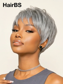 Machine Made straight Silver Salt And Pepper Grey pixie cut wig cute 100% Human Hair