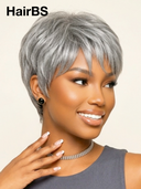 Machine Made straight Silver Salt And Pepper Grey pixie cut wig cute 100% Human Hair