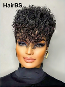 Ready to Go Glueless Wig curly wave pixie black Machine Made 100% Human Hair