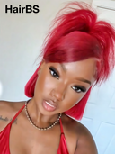 Pre-styled Updo 13x4 Lace Front Wig burgundy Straight bob 12 inch 100% Human Hair