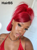 Pre-styled Updo 13x4 Lace Front Wig burgundy Straight bob 12 inch 100% Human Hair