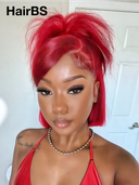 Pre-styled Updo 13x4 Lace Front Wig burgundy Straight bob 12 inch 100% Human Hair