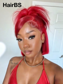 Pre-styled Updo 13x4 Lace Front Wig burgundy Straight bob 12 inch 100% Human Hair