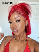 Pre-styled Updo 13x4 Lace Front Wig burgundy Straight bob 12 inch 100% Human Hair