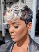 Ready to Go Glueless Wig salt and pepper highlight pixie Machine Made 100% Human Hair