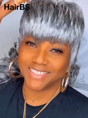 Half-price Wig salt and pepper silver mullet machine made curly 100% Human Hair