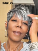 Machine Made straight Silver Salt And Pepper Grey pixie cut wig 100% Human Hair