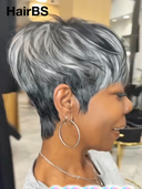 Machine Made straight Silver Salt And Pepper Grey pixie cut wig 100% Human Hair