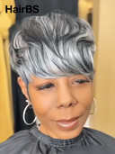 Machine Made straight Silver Salt And Pepper Grey pixie cut wig 100% Human Hair
