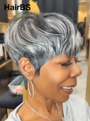 Machine Made straight Silver Salt And Pepper Grey pixie cut wig 100% Human Hair
