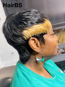 Machine Made straight pixie cut wig honey highlight 100% Human Hair