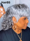 Half-price Wig salt and pepper silver mullet machine made curly 100% Human Hair